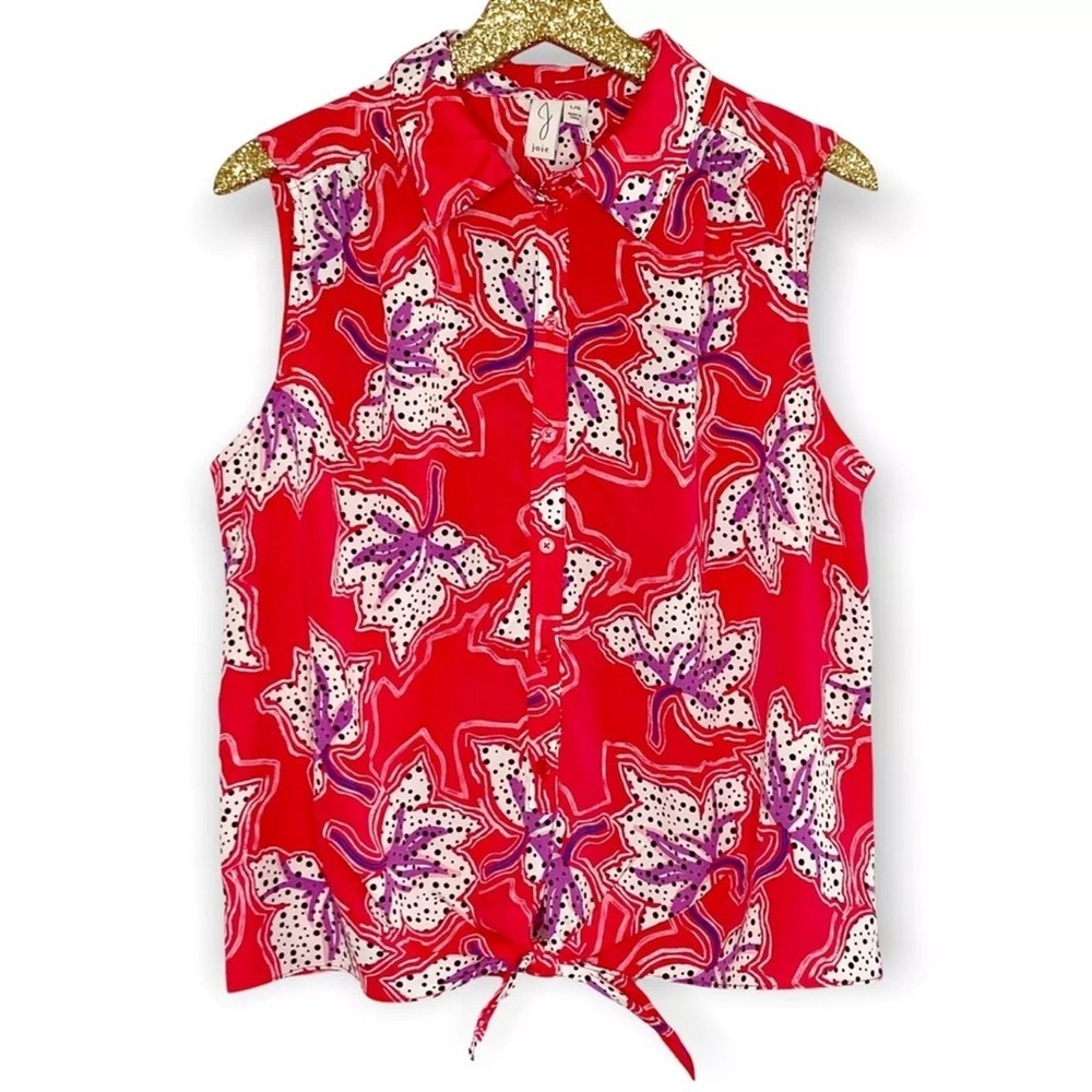 Joie Tie Front Sleeveless Blouse Womens Size XS Red Floral Polka Dot Silk Top